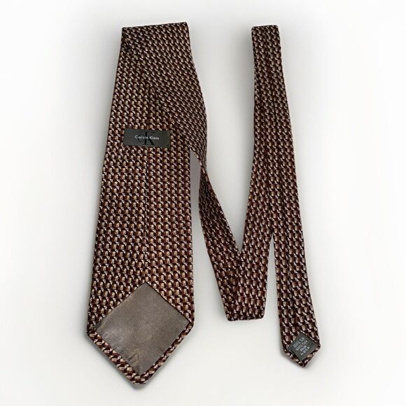Calvin Klein Brown Silk Geometric Necktie Mid Century Modern Classic - Picture 10 of 12